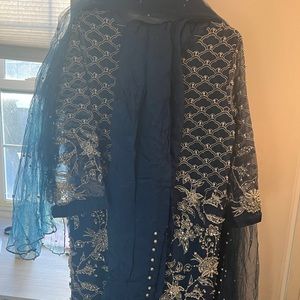 Blue Pakistani dress with pearls work. Super Fancy and cute!